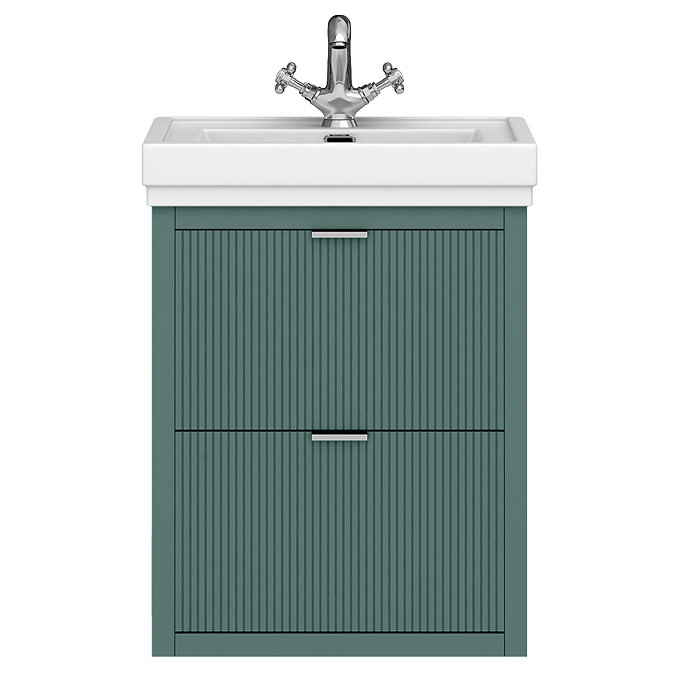 Padstow 610mm Wall Hung Vanity Unit - Satin Green, Slatted 2-Drawer with Chrome Handles & Ceramic Basin