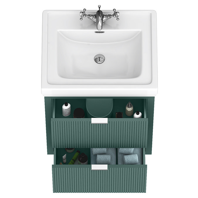 Padstow 610mm Wall Hung Vanity Unit - Satin Green, Slatted 2-Drawer with Chrome Handles & Ceramic Basin