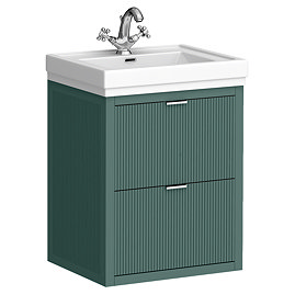 Padstow 610mm Wall Hung Vanity Unit - Satin Green, Slatted 2-Drawer with Chrome Handles & Ceramic Basin