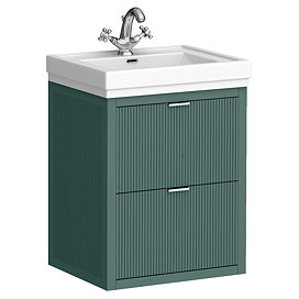 Padstow 610mm Wall Hung Vanity Unit - Satin Green, Slatted 2-Drawer with Chrome Handles & Ceramic Basin