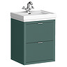 Padstow 610mm Wall Hung Vanity Unit - Satin Green, Slatted 2-Drawer with Chrome Handles & Ceramic Basin