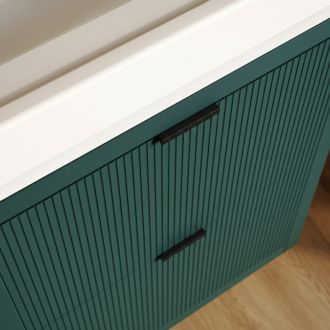Padstow 610mm Wall Hung Vanity Unit - Satin Green, Slatted 2-Drawer with Matt Black Handles & Ceramic Basin