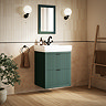 Padstow 610mm Wall Hung Vanity Unit - Satin Green, Slatted 2-Drawer with Matt Black Handles & Ceramic Basin