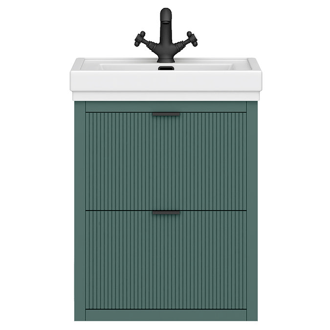 Padstow 610mm Wall Hung Vanity Unit - Satin Green, Slatted 2-Drawer with Matt Black Handles & Ceramic Basin