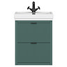 Padstow 610mm Wall Hung Vanity Unit - Satin Green, Slatted 2-Drawer with Matt Black Handles & Ceramic Basin