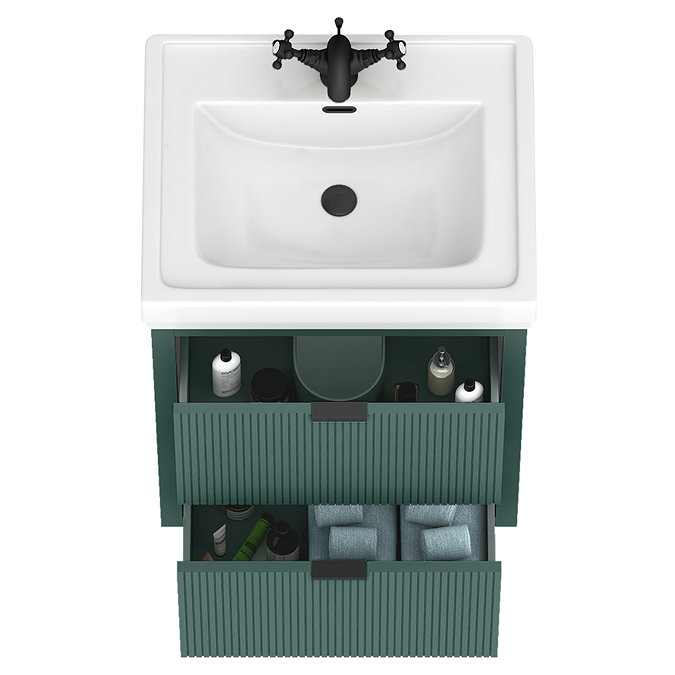 Padstow 610mm Wall Hung Vanity Unit - Satin Green, Slatted 2-Drawer with Matt Black Handles & Ceramic Basin