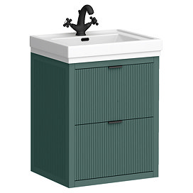 Padstow 610mm Wall Hung Vanity Unit - Satin Green, Slatted 2-Drawer with Matt Black Handles & Ceramic Basin