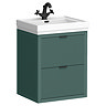 Padstow 610mm Wall Hung Vanity Unit - Satin Green, Slatted 2-Drawer with Matt Black Handles & Ceramic Basin
