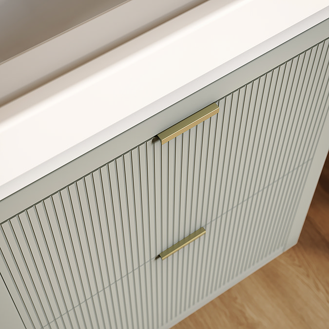 Padstow 610mm Wall Hung Vanity Unit - Satin Grey, Slatted 2-Drawer with Brushed Brass Handles & Ceramic Basin