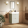 Padstow 610mm Wall Hung Vanity Unit - Satin Grey, Slatted 2-Drawer with Brushed Brass Handles & Ceramic Basin