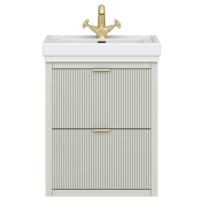 Padstow 610mm Wall Hung Vanity Unit - Satin Grey, Slatted 2-Drawer with Brushed Brass Handles & Ceramic Basin