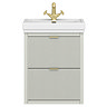 Padstow 610mm Wall Hung Vanity Unit - Satin Grey, Slatted 2-Drawer with Brushed Brass Handles & Ceramic Basin