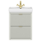 Padstow 610mm Wall Hung Vanity Unit - Satin Grey, Slatted 2-Drawer with Brushed Brass Handles & Ceramic Basin