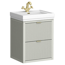 Padstow 610mm Wall Hung Vanity Unit - Satin Grey, Slatted 2-Drawer with Brushed Brass Handles & Ceramic Basin