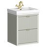 Padstow 610mm Wall Hung Vanity Unit - Satin Grey, Slatted 2-Drawer with Brushed Brass Handles & Ceramic Basin