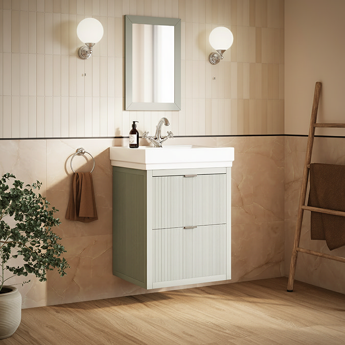 Padstow 610mm Wall Hung Vanity Unit - Satin Grey, Slatted 2-Drawer with Chrome Handles & Ceramic Basin