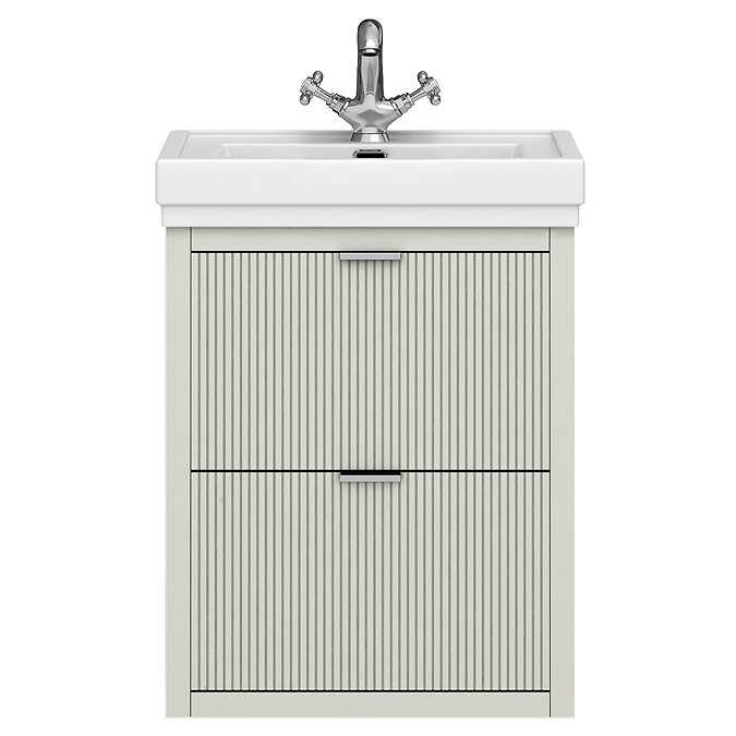 Padstow 610mm Wall Hung Vanity Unit - Satin Grey, Slatted 2-Drawer with Chrome Handles & Ceramic Basin