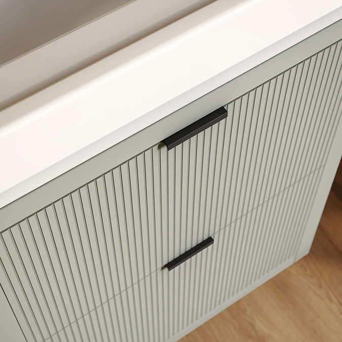 Padstow 610mm Wall Hung Vanity Unit - Satin Grey, Slatted 2-Drawer with Matt Black Handles & Ceramic Basin