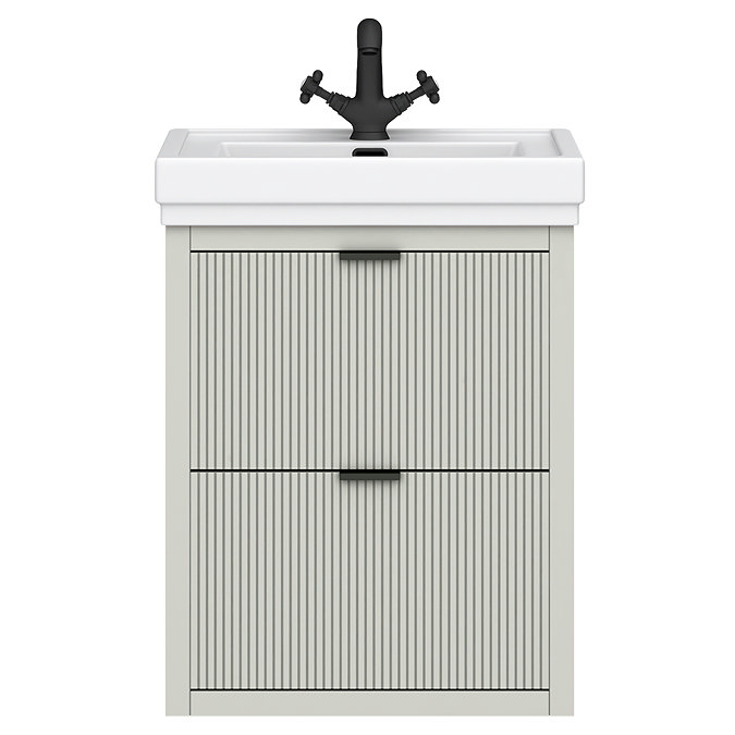 Padstow 610mm Wall Hung Vanity Unit - Satin Grey, Slatted 2-Drawer with Matt Black Handles & Ceramic Basin