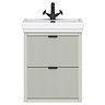 Padstow 610mm Wall Hung Vanity Unit - Satin Grey, Slatted 2-Drawer with Matt Black Handles & Ceramic Basin