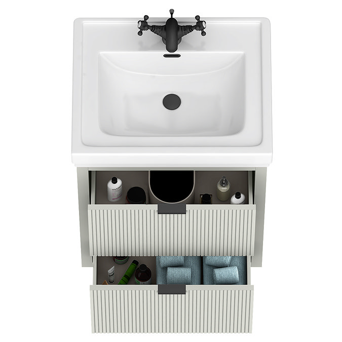 Padstow 610mm Wall Hung Vanity Unit - Satin Grey, Slatted 2-Drawer with Matt Black Handles & Ceramic Basin