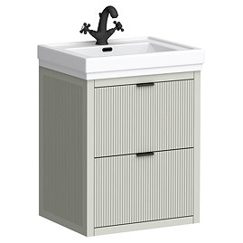 Padstow 610mm Wall Hung Vanity Unit - Satin Grey, Slatted 2-Drawer with Matt Black Handles & Ceramic Basin
