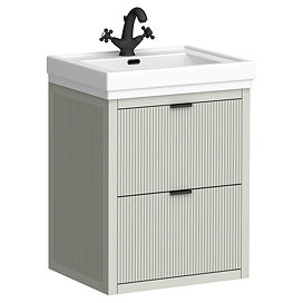 Padstow 610mm Wall Hung Vanity Unit - Satin Grey, Slatted 2-Drawer with Matt Black Handles & Ceramic Basin