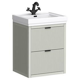 Padstow 610mm Wall Hung Vanity Unit - Satin Grey, Slatted 2-Drawer with Matt Black Handles & Ceramic Basin