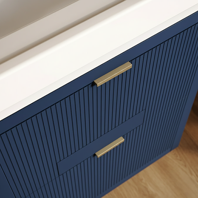 Padstow 610mm Wall Hung Vanity Unit - Satin Indigo Blue, Slatted 2-Drawer with Brushed Brass Handles & Ceramic Basin