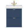 Padstow 610mm Slatted Wall Hung 2-Drawer Vanity Unit - Satin Indigo Blue with Brushed Brass Finger Pull Handles & Gloss White Ceramic Basin