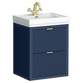 Padstow 610mm Slatted Wall Hung 2-Drawer Vanity Unit - Satin Indigo Blue with Brushed Brass Finger Pull Handles & Gloss White Ceramic Basin