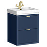 Padstow 610mm Slatted Wall Hung 2-Drawer Vanity Unit - Satin Indigo Blue with Brushed Brass Finger Pull Handles & Gloss White Ceramic Basin