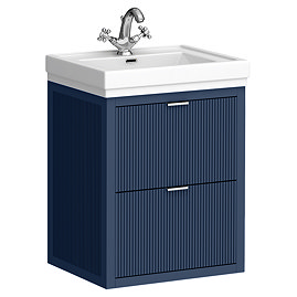 Padstow 610mm Wall Hung Vanity Unit - Satin Indigo Blue, Slatted 2-Drawer with Chrome Handles & Ceramic Basin