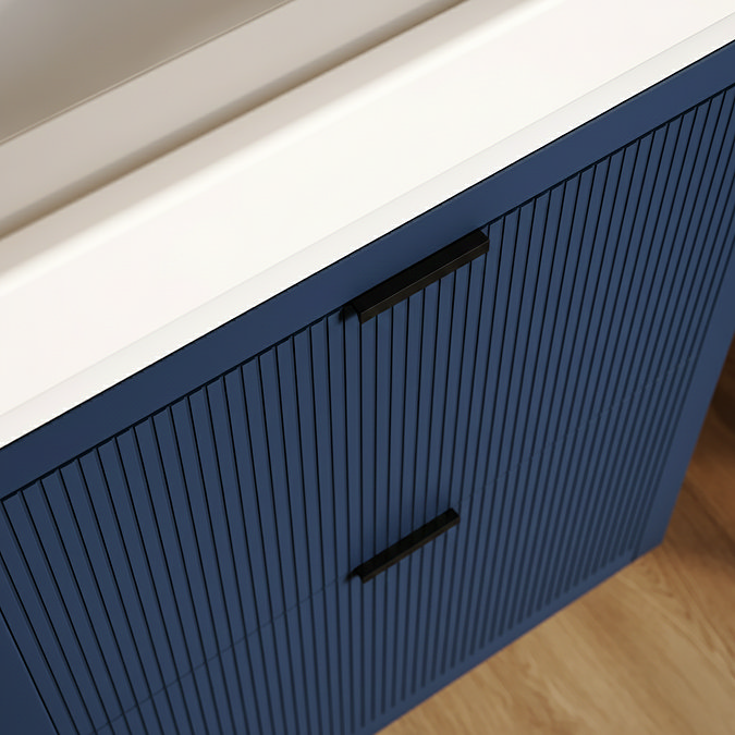 Padstow 610mm Wall Hung Vanity Unit - Satin Indigo Blue, Slatted 2-Drawer with Matt Black Handles & Ceramic Basin