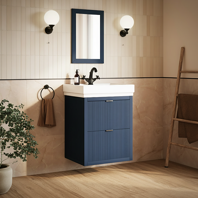 Padstow 610mm Wall Hung Vanity Unit - Satin Indigo Blue, Slatted 2-Drawer with Matt Black Handles & Ceramic Basin