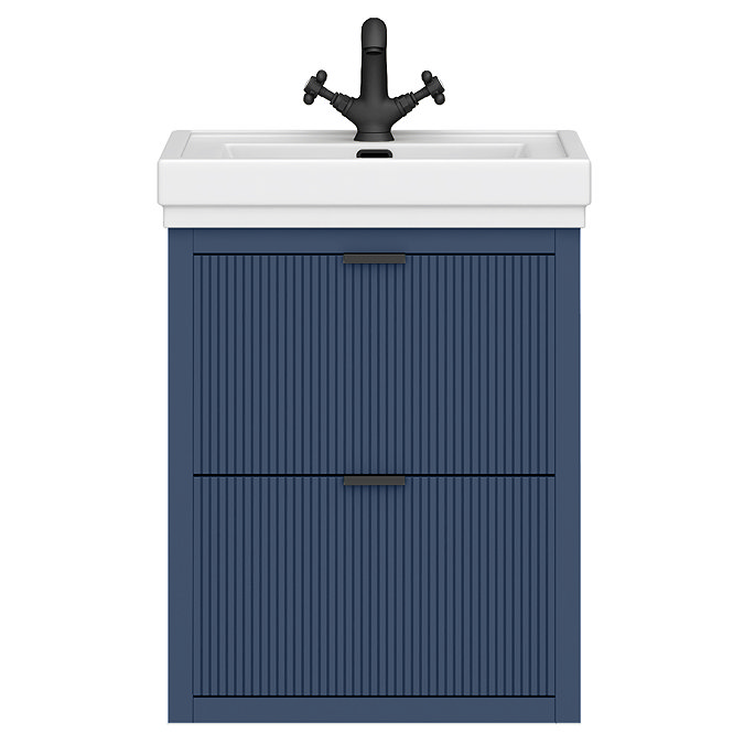 Padstow 610mm Wall Hung Vanity Unit - Satin Indigo Blue, Slatted 2-Drawer with Matt Black Handles & Ceramic Basin