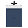 Padstow 610mm Wall Hung Vanity Unit - Satin Indigo Blue, Slatted 2-Drawer with Matt Black Handles & Ceramic Basin