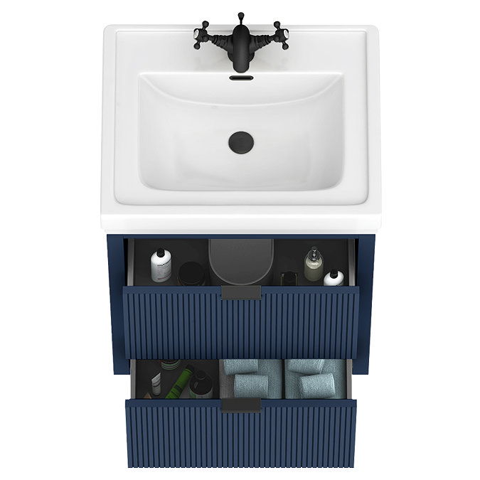 Padstow 610mm Wall Hung Vanity Unit - Satin Indigo Blue, Slatted 2-Drawer with Matt Black Handles & Ceramic Basin