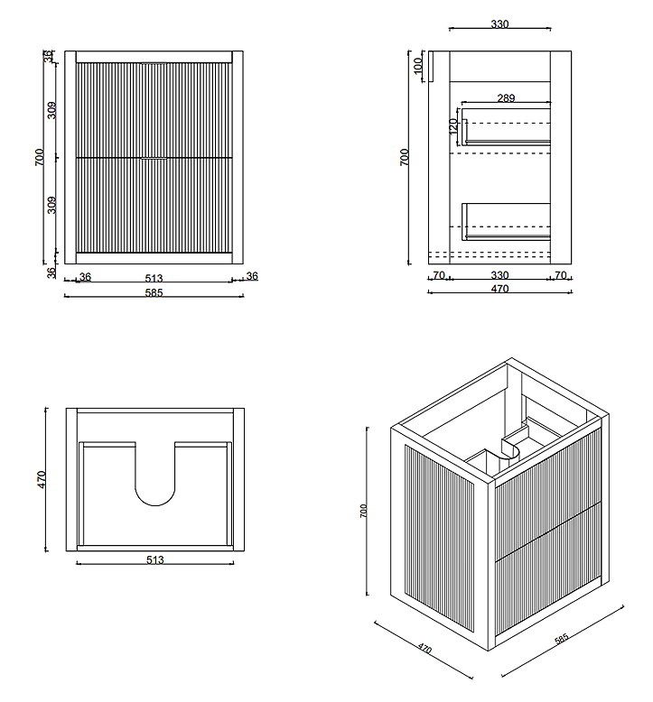 Padstow 610mm Wall Hung Vanity Unit - Satin Indigo Blue, Slatted 2-Drawer with Matt Black Handles & Ceramic Basin