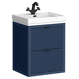 Padstow 610mm Wall Hung Vanity Unit - Satin Indigo Blue, Slatted 2-Drawer with Matt Black Handles & Ceramic Basin