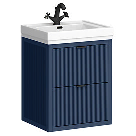 Padstow 610mm Wall Hung Vanity Unit - Satin Indigo Blue, Slatted 2-Drawer with Matt Black Handles & Ceramic Basin