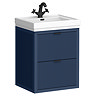 Padstow 610mm Wall Hung Vanity Unit - Satin Indigo Blue, Slatted 2-Drawer with Matt Black Handles & Ceramic Basin