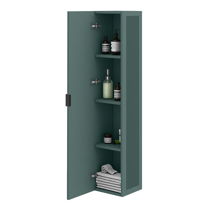Padstow Wall Hung Tall Storage Unit - Satin Green, Slatted with Matt Black Handle