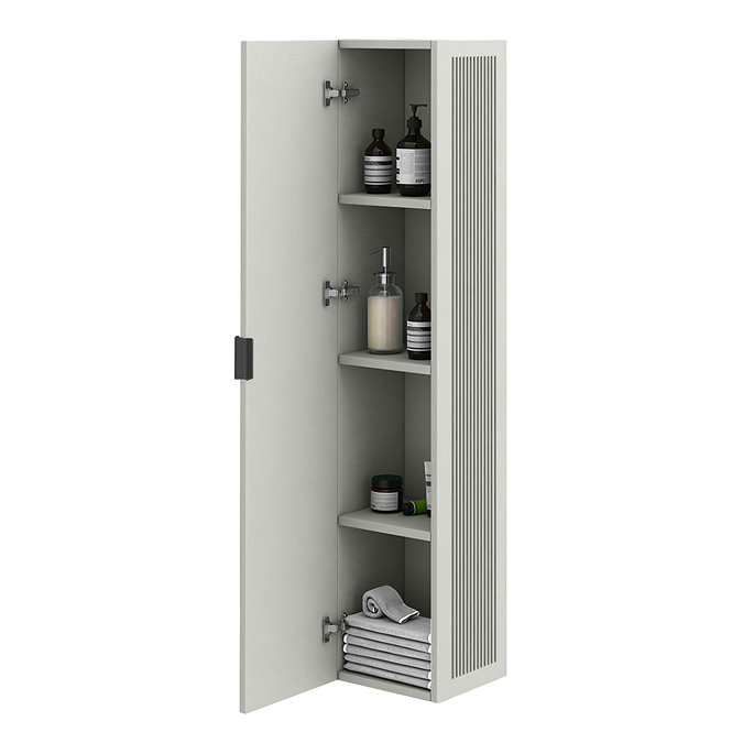 Padstow Wall Hung Tall Storage Unit - Satin Grey, Slatted with Matt Black Handle