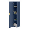 Padstow Wall Hung Tall Storage Unit - Satin Indigo Blue, Slatted with Brushed Brass Handle