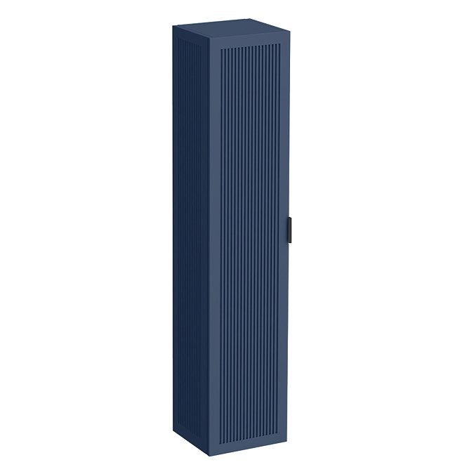 Padstow Wall Hung Tall Storage Unit - Satin Indigo Blue, Slatted with Matt Black Handle