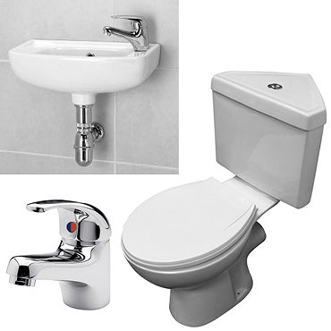 Paris 1TH Corner Cloakroom Suite with Basin Tap & Chrome Bottle Trap Profile Large Image