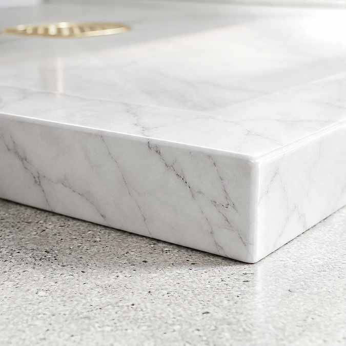 Pavilion 1000 x 800mm White Marble Stone Rectangular Shower Tray & Brushed Brass Waste