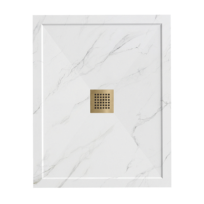 Pavilion 1000 x 800mm White Marble Stone Rectangular Shower Tray & Brushed Brass Waste