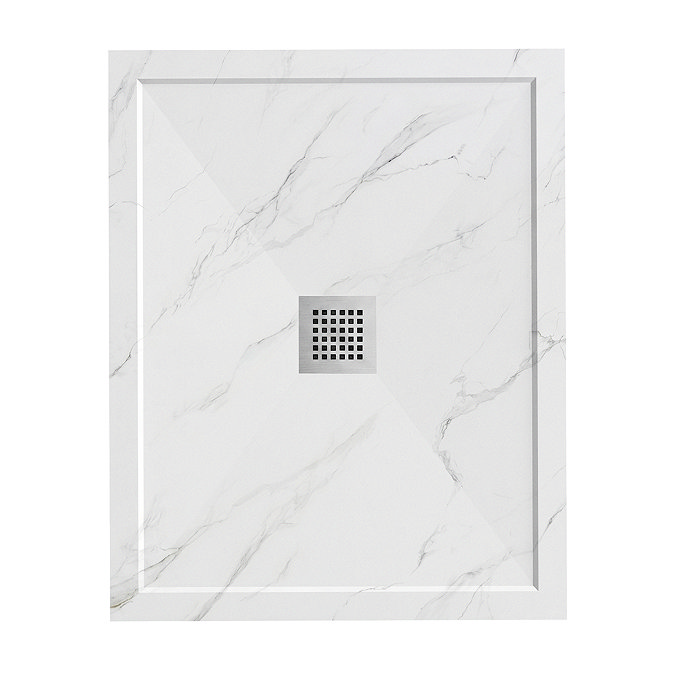 Pavilion 1000 x 800mm White Marble Stone Rectangular Shower Tray & Brushed Steel Waste